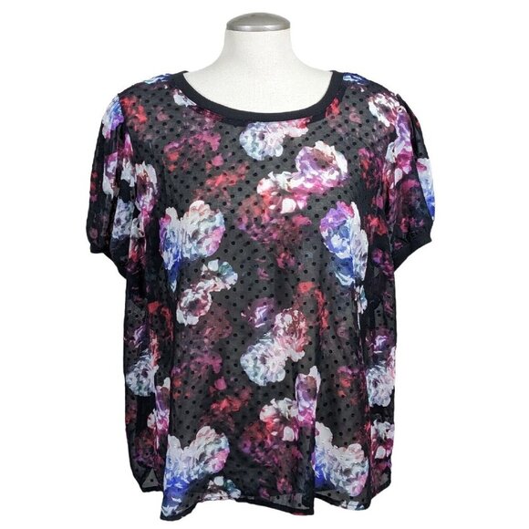 Torrid Womens Plus 1X Sheer Blouse Top Black Dark Floral Swiss Dot Whimsygoth - Picture 3 of 8